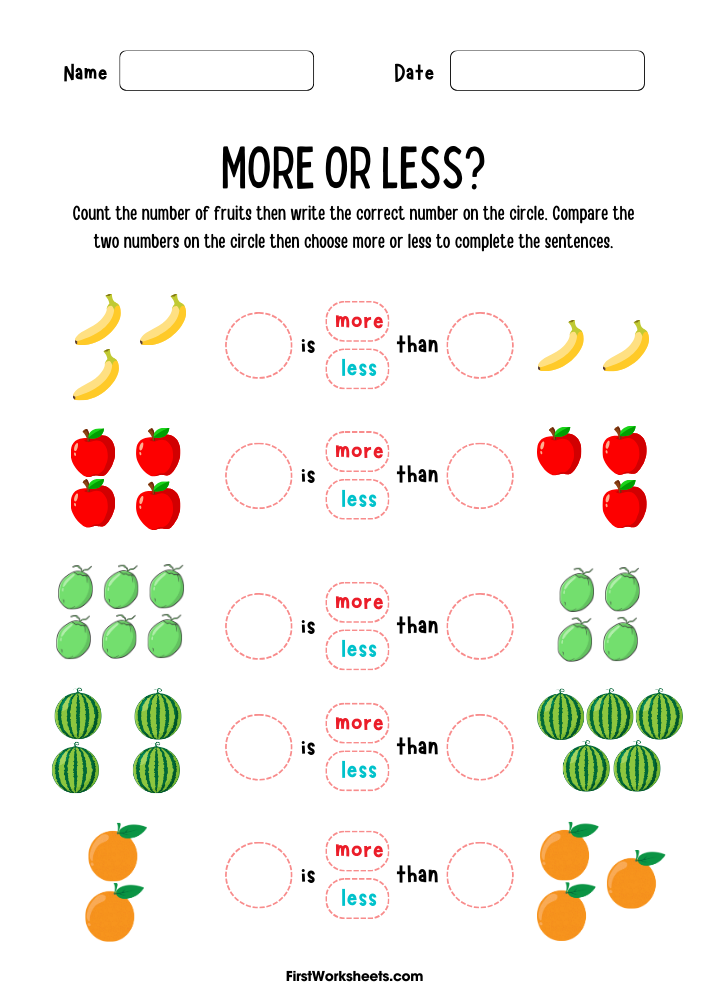 More or Less Worksheets | FirstWorksheets